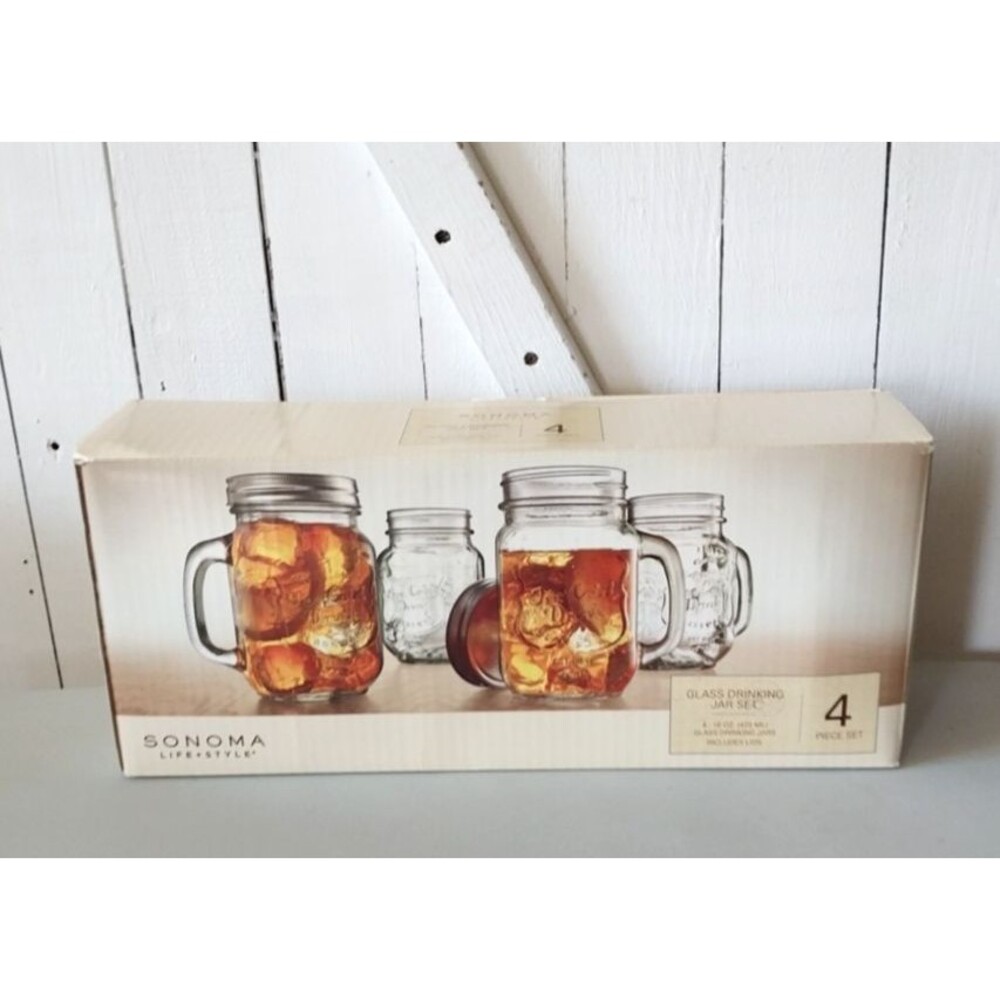 Sonoma Glass Drinking Jar Tumbler set 4-16oz Jars w/Lids